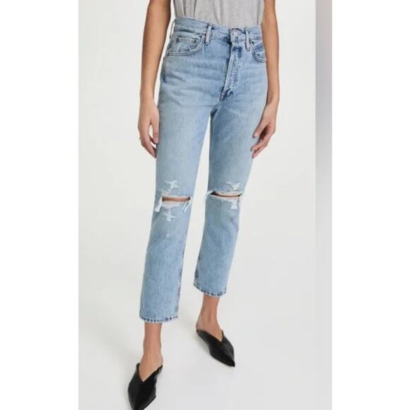 Agolde Jeans Women Size 25 Riley High Rise Crop Distressed Button Fly Light Wash - Picture 1 of 15